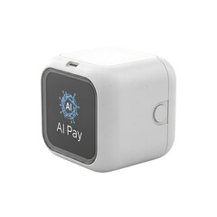 Fototapeta premium Modern white cube-shaped device displaying 'apple pay' logo and interface on a for digital payment and technology concepts isolated on transparent background