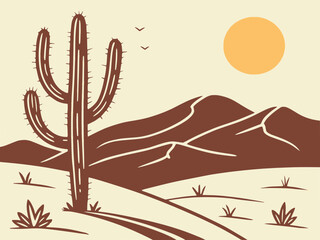 Vector landscape of desert with cactus and sun, minimal Japanese poster style, solid colors