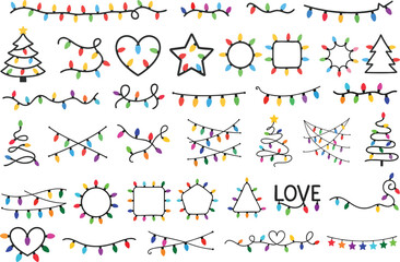 Colorful Christmas lights clipart bundle with festive garland string lights, multicolored bulbs, and holiday decorations, perfect for New Year and Xmas party decor.