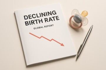Declining global birth rate report with pacifier and pen on desk