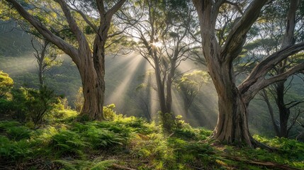 Obraz premium Sunbeams through forest trees at dawn.