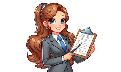 Business Cartoon Female Executive Carrying Clipboard