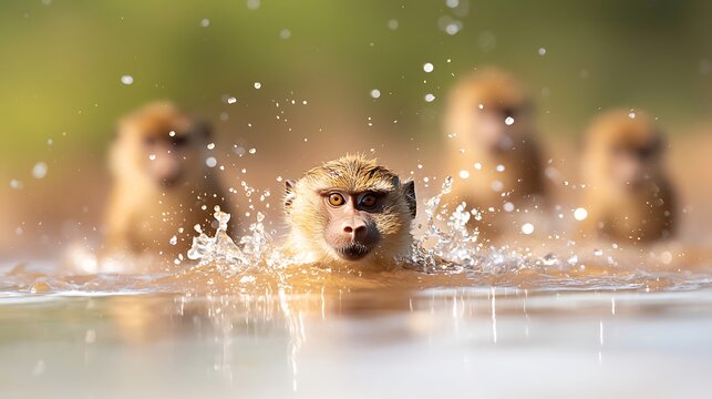 Monkeys splash and play in the water on a sunny day
