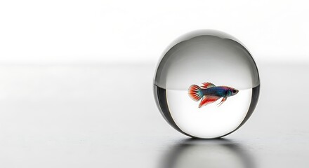Captivating image of a colorful Betta fish inside a clear crystal ball, showcasing its iridescent scales and flowing fins against a bright, elegant backdrop. A unique perspective.