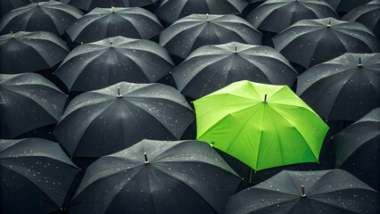 One bright green umbrella stands out from many dark umbrellas