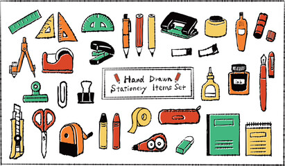 手描きの文房具イラストセット