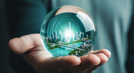 A person's hand delicately holds a clear glass sphere containing a vibrant, futuristic city with skyscrapers, a river, and bridges, symbolizing urban development and a sustainable future.