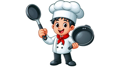 Cartoon Chef Character Holding Cooking Pan