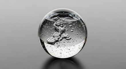 A transparent glass orb, filled with water and a mesmerizing array of air bubbles, including a large, abstract void, against a minimalist grey background. Ideal for modern decor.