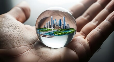A hand cradles a glass sphere containing a vibrant, modern city with green landscapes, bridges, and skyscrapers. Symbolizes urban planning, sustainable development, and a vision for the future.