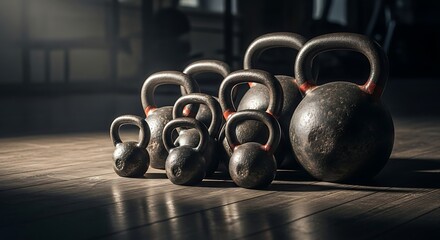 Various sizes of heavy, textured iron kettlebells sit on a warm wooden floor in a gym, highlighting strength training and fitness equipment.