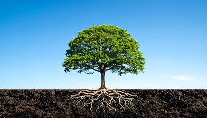 Obraz premium A solitary tree with its roots exposed against a clear blue sky