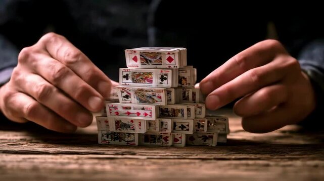 A person skillfully stacking playing cards into a tower on a rustic wooden table, showcasing focus