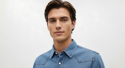 A captivating headshot of a handsome young man with dark hair and green eyes, wearing a stylish blue denim shirt against a clean white background. Perfect for fashion, lifestyle, or business themes.