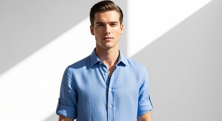 Portrait of a stylish young man wearing a light blue button-up shirt against a clean, bright background with diagonal shadow play, exuding confidence and modern elegance.