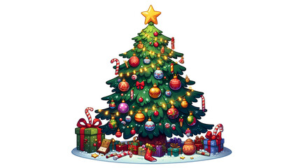 Cartoon Christmas Tree with Festive Ornaments and Lights