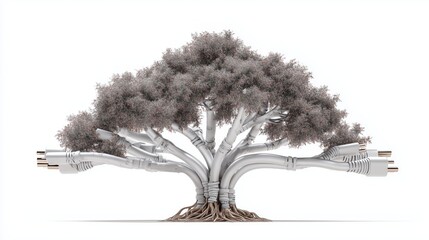 Tree with cables and foliage isolated on a white background