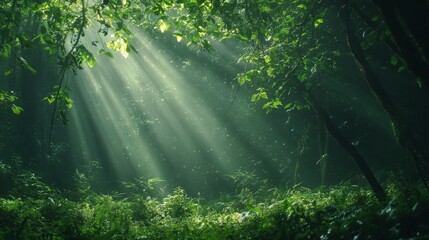 Naklejka premium Sunbeams pierce through a lush green forest canopy, creating a magical atmosphere.