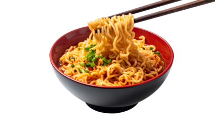 instant noodles on bowl being lifted by chops, left top view isolated on transparent background. cooked noodle.