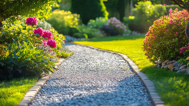 Sunlit garden path with blooming flowers and green lawn