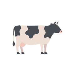 Flat vector illustration of a dairy cow in side view with black and white spots, simple minimal style, isolated design for farm or agriculture themes