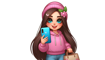 Cartoon Girl Influencer Holding Smartphone Illustration
