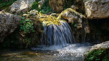 Fototapeta premium A small waterfall cascades over moss-covered rocks in a forest.