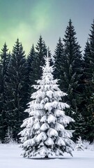 A solitary snow-dusted fir tree stands majestically amidst a winter wonderland, surrounded by dark evergreen forest and a serene atmosphere.