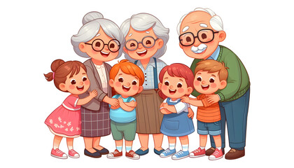 Cartoon grandparents hugging grandkids illustration