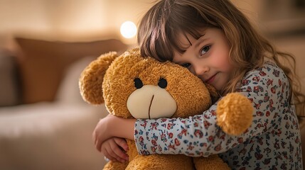 Little girl hugging her teddy bear tightly with a gentle smile on her face indoors