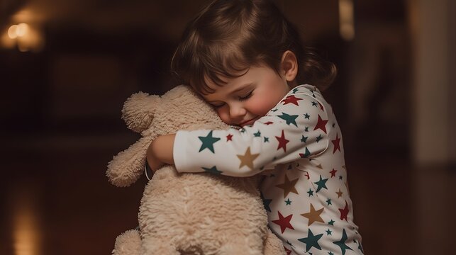 Little girl in star pajamas snuggles with her teddy bear feeling safe and loved at bedtime in a cozy room