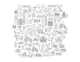 vector design featuring farm animals, buildings, equipment, and other elements in black and white. It's made up of vector line icons style.
