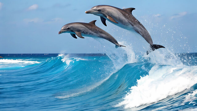 Two dolphins leaping out of a wave in the ocean under a bright blue sky on a sunny day in the sea