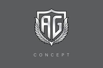 AG Creative Initial Letter Logo with Shield and Laurel Wreath Silver Metallic Branding Emblem on Gray Background.
