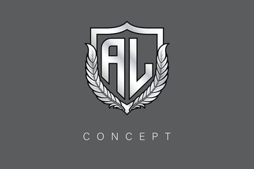 AL Creative Initial Letter Logo with Shield and Laurel Wreath Silver Metallic Branding Emblem on Gray Background.