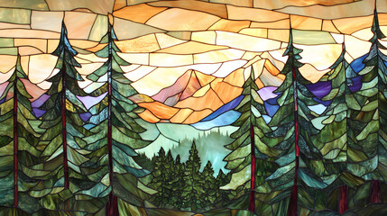 Colorful stained glass forest scene with mountain backdrop
