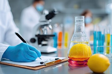 Scientist conducting experiment with lemon in lab.