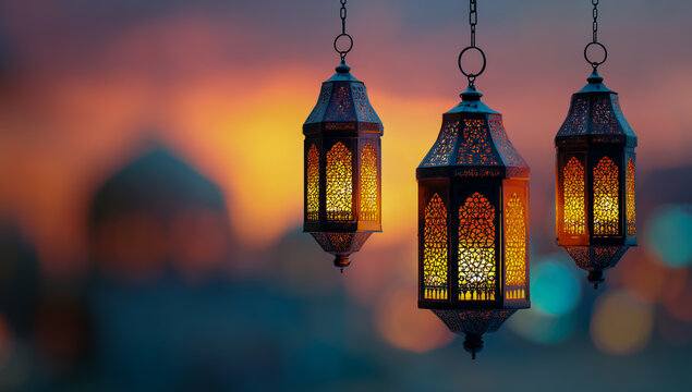 Three ornate islamic lanterns glowing with warm light against a blurred sunset sky and mosque silhouette - Powered by Adobe