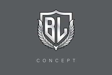 BL Creative Initial Letter Logo with Shield and Laurel Wreath Silver Metallic Branding Emblem on Gray Background.