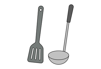 Spatula and ladle kitchen utensils illustration for cooking, food preparation, recipe content, household kitchenware, culinary education, and restaurant promotional materials isolated on white backgro