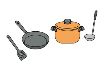Cooking utensils set with frying pan, cooking pot, spatula and ladle illustration for food preparation, recipe content, household kitchenware, culinary education, restaurant menu design and kitchen pr