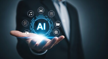 Businessman presenting ai technology with app icons, showcasing the integration of artificial intelligence in various applications and services
