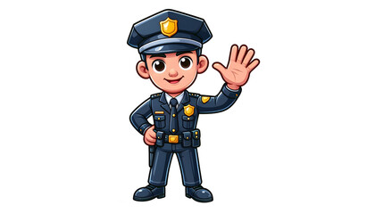 Cute Cartoon Cop Waving Hand Character