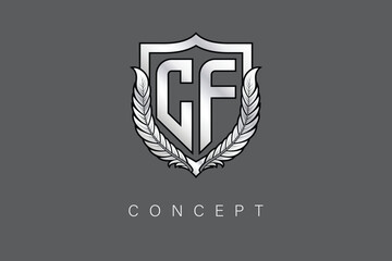CF Creative Initial Letter Logo with Shield and Laurel Wreath Silver Metallic Branding Emblem on Gray Background.