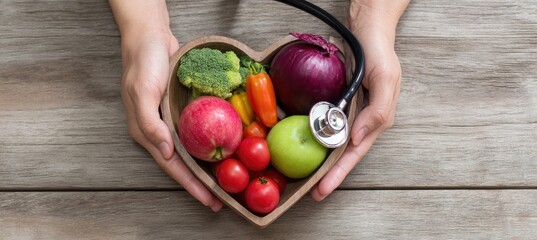 Healthy food in heart shaped bowl with stethoscope for heart health concept.