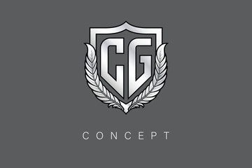 CG Creative Initial Letter Logo with Shield and Laurel Wreath Silver Metallic Branding Emblem on Gray Background.
