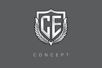 CE Creative Initial Letter Logo with Shield and Laurel Wreath Silver Metallic Branding Emblem on Gray Background.