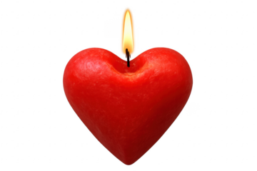 Red heart shaped candle burning on transparent background