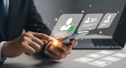 Businessman using smartphone for recruitment process, hr management, job search, and candidate selection concept
