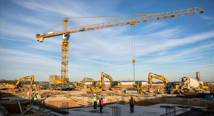 A construction site with a large yellow crane and several excavators under a cloudy blue sky during daytime